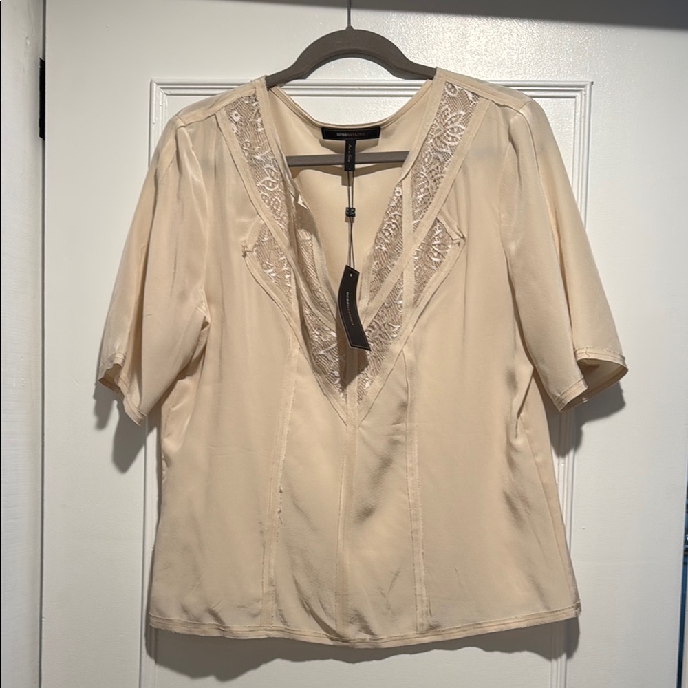 Elegant Beige Lace Trim Women's Top